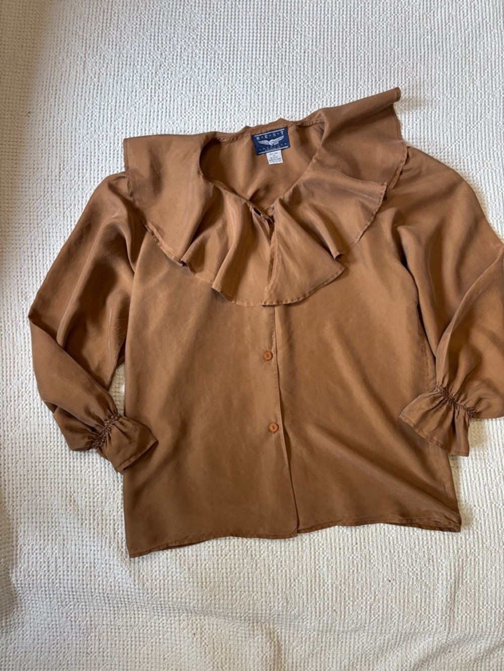 100% Silk Elegant Brown Ruffle Blouse, Best American Clothing Co., EUC, Medium - Picture 7 of 15